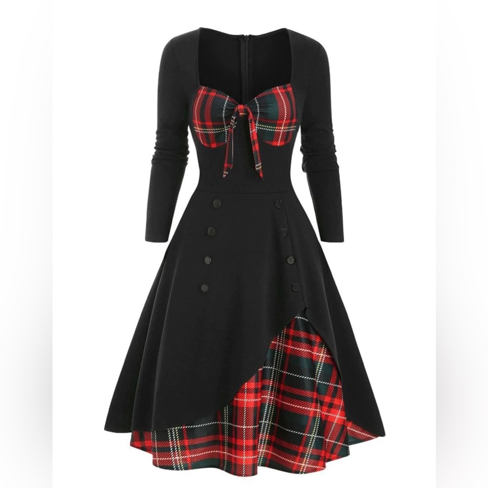 Elegant Asymmetrical Black and Red Plaid Dress